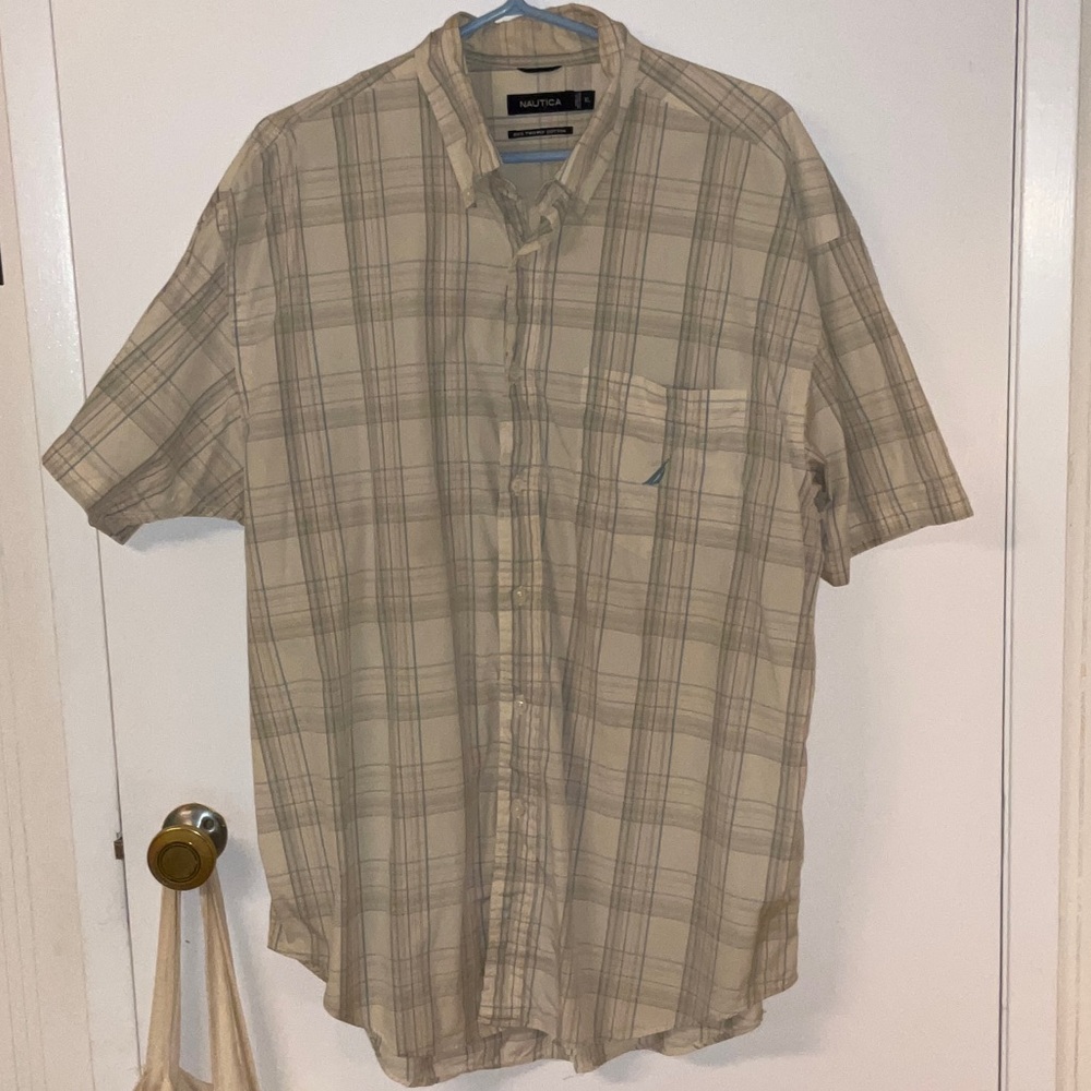 Nautica Men's Tan and Blue Striped Plaid Button Down Casual Shirt - XL